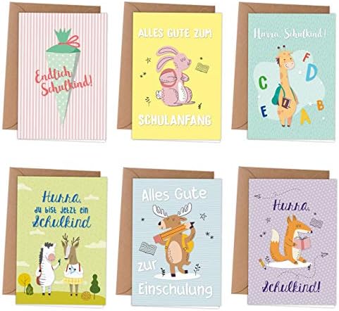Papierdrachen 6 Grußkarten als Klappkarte inklusive Umschlag zur Einschulung - Grüße für das Schulkind - kindgerechte Glückwunschkarten zum Schulanfang - Motiv Tiere