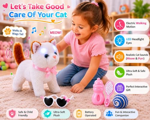 Image of Interactive Walking Cat Toy Battery Operated LED Eyes Meowing Plush Cat Moving Tail Soft Stuffed Animal Toy for Kids Boys Girls Educational Fun Pet Toy