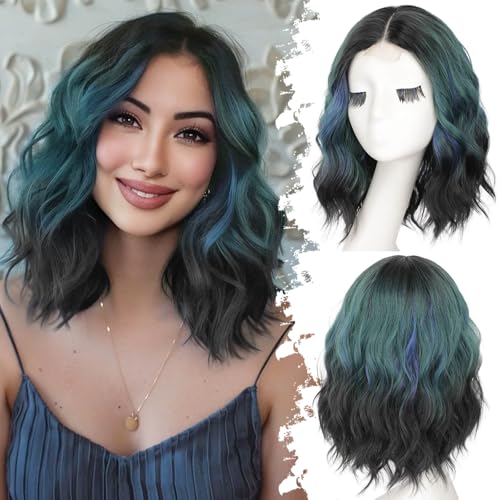 Image of Eawwii Wigs for Women Green Blue Highlights,Short Wavy Synthetic Lace Wig | Glueless 4x1 Lace Hairline, Heat-Resistant Fiber,Bob Wave Style,Natural Appearance for Everyday Cosplay 14 Inch