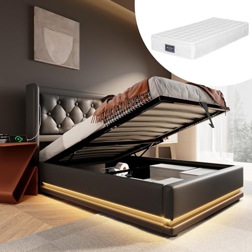 Generisch Cama tapizada individual 90 x 200 cm, material de poliuretano negro, cama de almacenamiento hidráulico, cabecero acolchado con función de carga USB tipo C, función LED de 3 caras (con