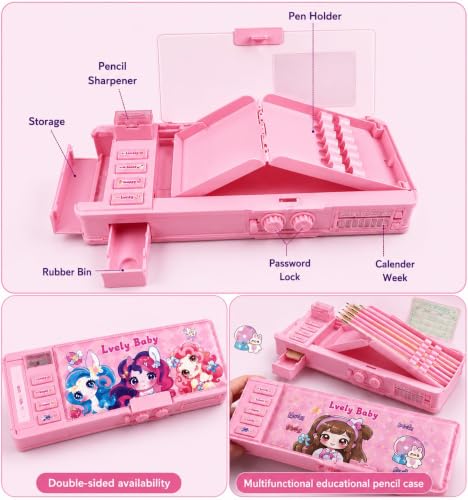 Image of Multifunction Pencil Box for Kids, Cute Pink Cartoon Unicorn Pencil Case with Sharpener, Pop-Up Compartments, Pencil Slots, Class Schedule & Name Label, School Stationery Organizer for Girls