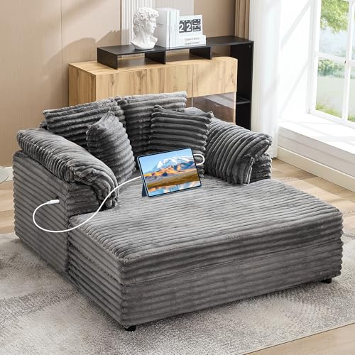 59" Oversized Chaise Lounge Chair Indoor, Comfy Corduroy Cloud Sleeper Couch with USB Port, Throw Pillows and Supportive Armrests, Recliner Bed for Li