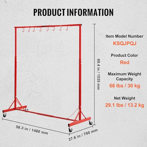 Image of VEVOR Painting Rack, 5 ft-7 ft Adjustable Height, 66 lbs Capacity Automotive Paint Stand, 8 Hooks Drying Rack With 4 Swiveling Wheels, Auto Body Stand for Repair Shops & Garage