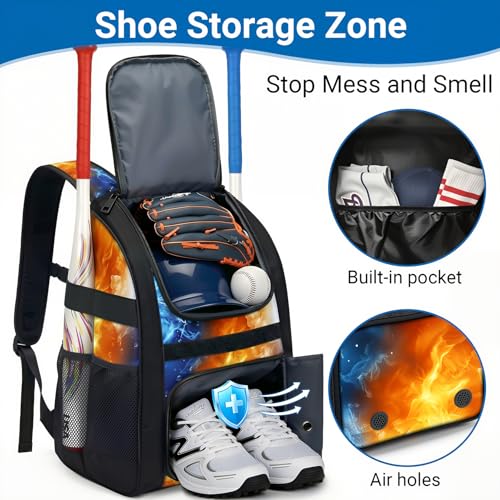 Image of Youth Baseball Bag - Softball Bag for Girls & Boys with Shoes Compartment, Bat Backpack for Baseball, T-Ball & Softball Equipment