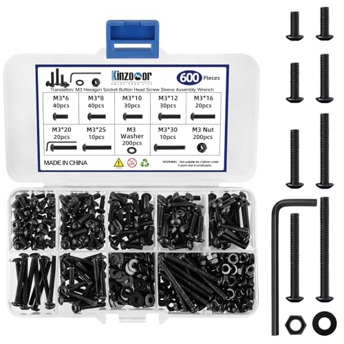 M3 ネジ 黒染め炭素鋼 ボタン頭六角穴付きボルト 600PCS ナット+ワッシャー + 六角レンチ 収納ケース付き DIY/家具/電気設備 固定用キット （M3X6/8/10/12/16/20/25/30mm）