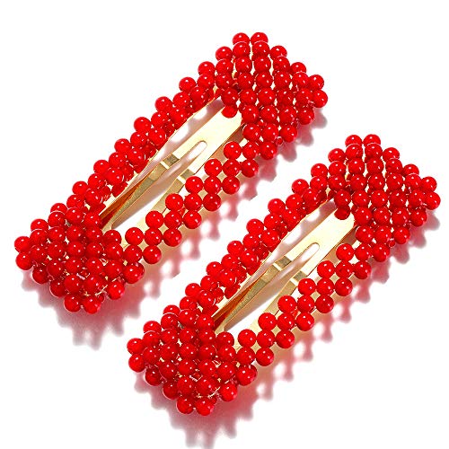 Sweet Handmade Red Pearl Hair Clips Pins, Fashion Artificial Pearl Gold BB Barrettes for Party Wedding Daily, Geometric Alloy Decorative Hairgrip Accessories for Women Ladies (2PCS-Red) (A)