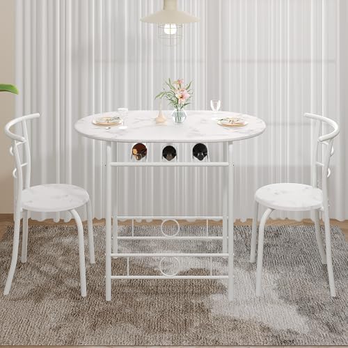 Image of VECELO 3-Piece Dining Table Set for Kitchen Breakfast Nook, Faux Marbled Oval Tabletop and Metal Frame with Built-in Wine Rack, for Small Spaces, White