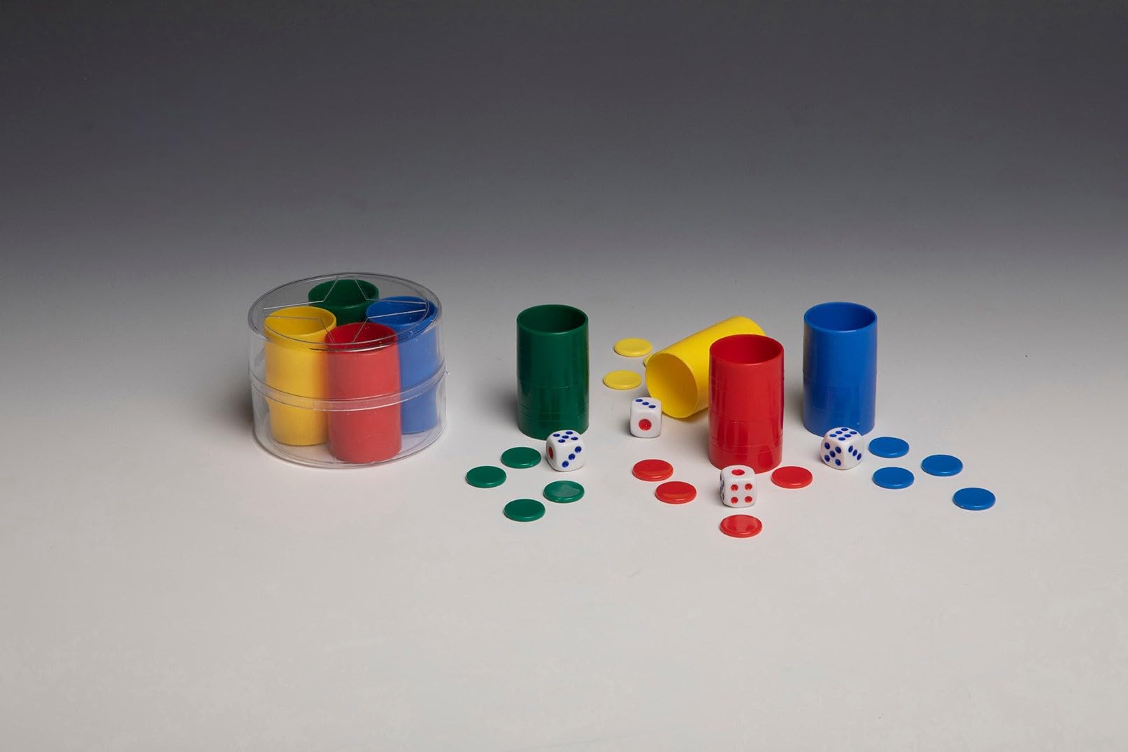 Set de Cubiletes de Plástico para Parchís y Oca, con Dados y Fichas, Multicolor (Set 4 cubiletes - Multicolor)