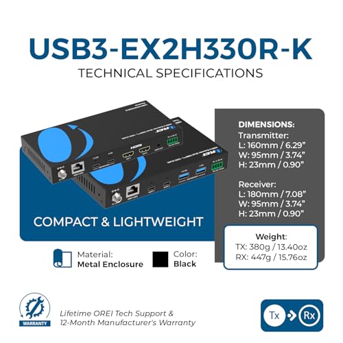 Image of OREI SplitXtend 4K Dual Monitor Over Ethernet KVM USB 3.2 Cat6 Extender LAN Upto 330 Feet - DisplayLink HDMI Dual Host Extends 2X USB-C / 2X USB-A - RS-232, PoC | USB Extender Over Ethernet, USB Extender Over CAT5 - 5Gbps, Dual HDMI 4K60, Auto /Manual Host Switching, 3.5mm Audio