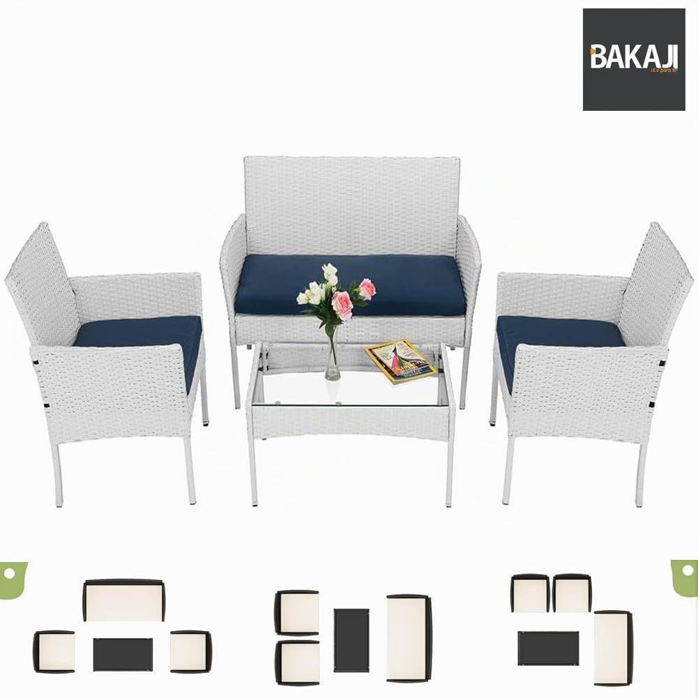 BAKAJI Juego Completo de salón de jardín con sofá, 2 sillones y Mesa con Estante de Cristal, salón de Exterior con Estructura de ratán sintético Blanco, Cojines desenfundables, terraza, balcón y Bar
