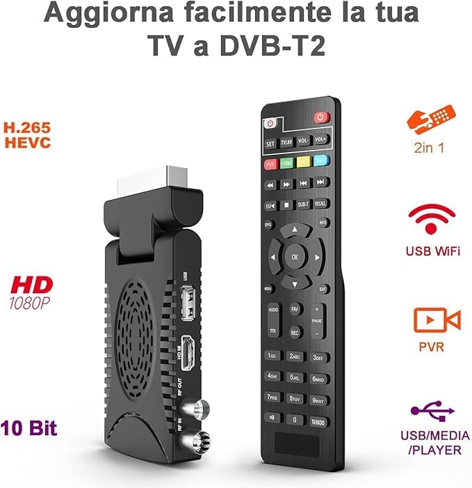 SQUADO Ricevitore Digitale Terrestre DVB-T2 HD 1080p con Uscita HDMI, Supporto H.265/HEVC 10 Bit, Telecomando Universale 2 in 1, Display LED