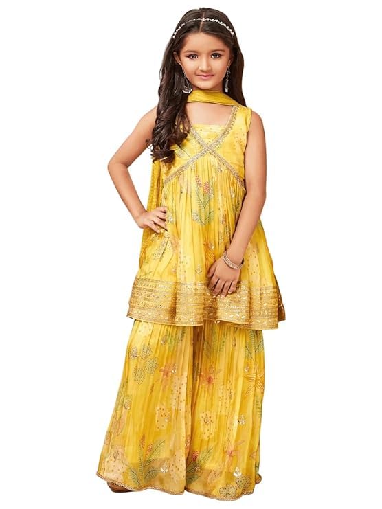 White Button New Yellow Floral Print Alia Cut Peplum Top And Sharara Set For Girls