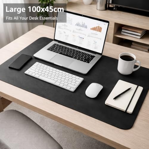 Image of Black PU Leather Desk Mat 100x45cm, Premium Large Desk Pad, Waterproof & Oil-Resistant Surface, Non-Slip Extended Mouse Pad, Durable Desk Protector for Office, Home & Gaming Setup