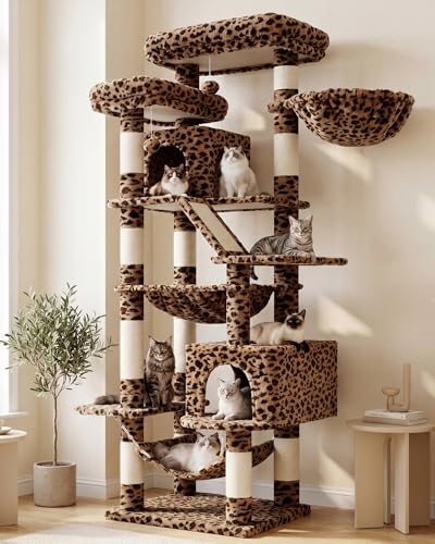 Image of Heybly Cat Tree, 71-Inch-Tall Tower for Indoor Cats with 2 Perches HCT034BW | Large Cat Furniture with 2 Big Condos, 2 Hammocks, Basket, Scratching Pad, Multi-Level Cat Condo, Leopard Print