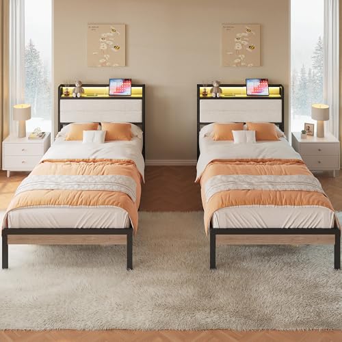 Image of LIKIMIO Twin XL Bed Frame with Storage Headboard and LED Lights, Metal Platform Bed with Charging Station, Noise Free, No Box Spring Needed, Under Bed Storage, Natural and Cream