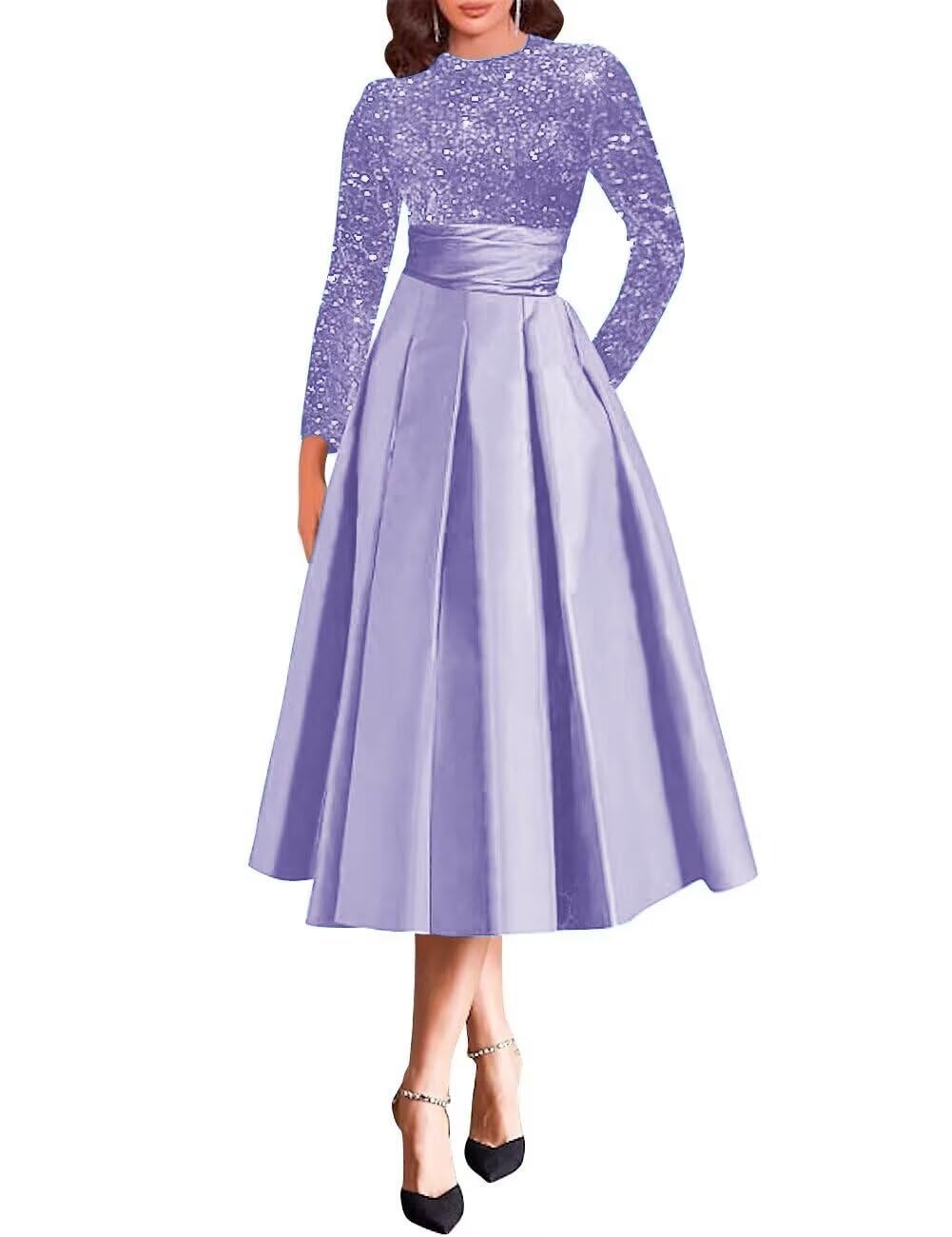 Sparkly Sequin Wedding Gown Long Sleeve Tea Length A Line Formal Dress Mother of The Bride Dresses for Women