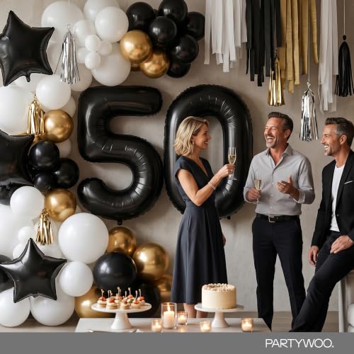 Image of PartyWoo Black Number 50 Balloon 40 Inch 25pcs Black Foil Star White Gold