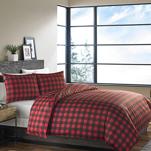 Image of Eddie Bauer - King Duvet Cover Set, Cotton Reversible Bedding, Buffalo Plaid Bedding Set (Red /Black, King)