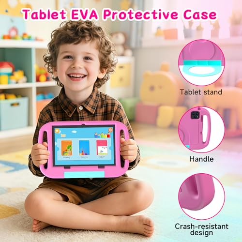 Image of Android 15 Kids Tablet 10.1 inch, 12GB RAM 64GB ROM, 2.0GHz Processor, 6000mAh Battery, Dual 2MP+8MP Camera, Shockproof EVA Silicone Case, Toddler Educational Learning Tablet PC(Pink)