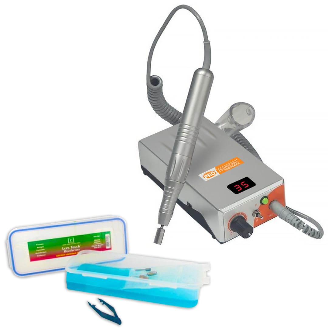 Pro Power 35K Portable Professional, Cordless and Rechargeable Electric File for Manicure and Pedicure with Sanitary Instrument Container | 35KPORTGray+Container