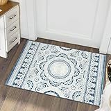 Uphome Boho Vintage Bathroom Rug 2x3, Blue Non-Slip Washable Entryway Rug, Soft Low-Pile Mandala Kitchen Rug, Oriental Floral Medallion Small Rug for Bedroom Laundry Room Door Mat