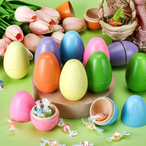 Marsui 12 Pcs Fillable Easter Colorful Wooden Eggs 2.8 x 2 Inches Basket Stuffers Hollow Wooden Easter Fake Eggs Hunt DIY Painting Art Craft Decorations Spring Home Decor