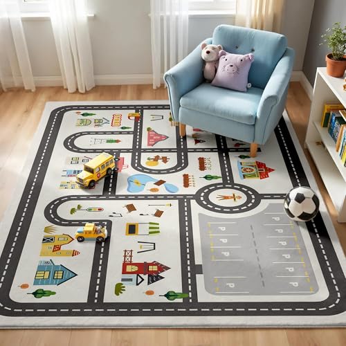 Image of 5x7ft Kids Town Road Play Rug - Non-Slip Faux Wool Carpet with Interactive City Map Design, Educational Toy Vehicle Mat for Kids, Bedroom Playroom Nursery Gift.