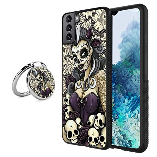 Yunan Newly Case for Samsung Galaxy S21 Plus with Sugar Skull Pattern Design,(for Men and Women),Ring Kickstand and Black TPU Silicone Anti-Slip Cover Case for Samsung Galaxy S21 Plus