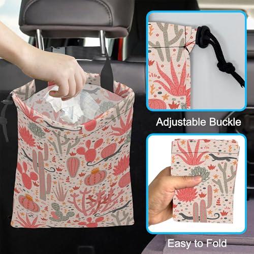 Image of Car Trash Bag Hanging Cacti and Lizards Car Trash Can Waterproof Garbage Bag Hanging for Car Back Seat with Adjustable Straps and Drawstring for Car Accessories Vehicle Travelling