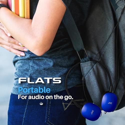 Image of JVC Blue Flat Foldable Colorful Flats On Ear Headphones with Remote and Microphone, 3.94 Foot Gold Plated 3.5mm Slim Plug - HAS160MA, Adjustable