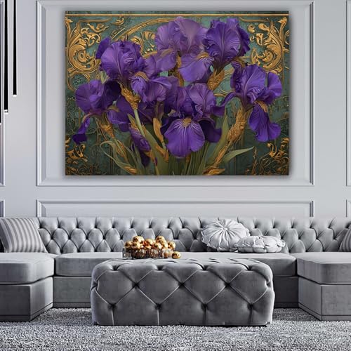 Affiche Décorative Murale Fleurs Violettes Cadre Or Solution Murs Vides