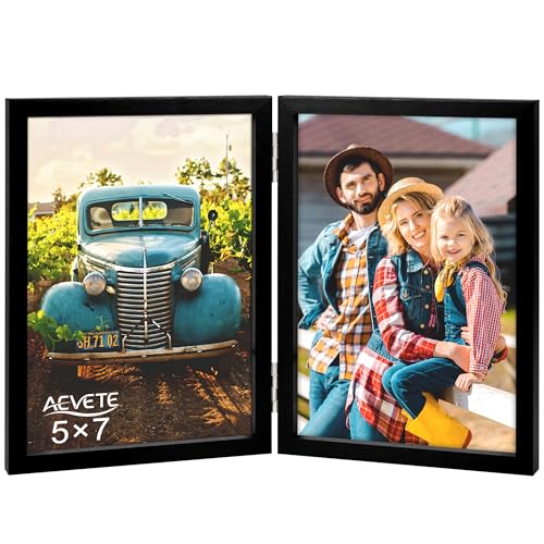 AEVETE 5x7 Picture Frames Double Hinged Wood Folding Photo Frames Vertical with Plexiglass Front, Black