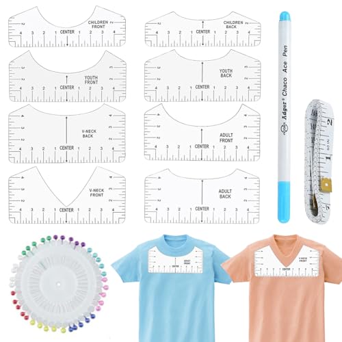 11 Stück T-Shirt Ausrichtung Lineal, DIY T-Shirt Lineal PVC T-Shirt Lineal Guide Schablonen-Lineal mit Wasserlöslich Stoffstifte, Perlennadelset, Maßband für Nähen Gestalten von T-Shirts und Basteln