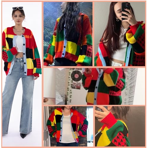 Women’s Color Block Patchwork Cardigan Oversized Crochet Cardigan Sweater Long Sleeve Knitted Button Clothing4