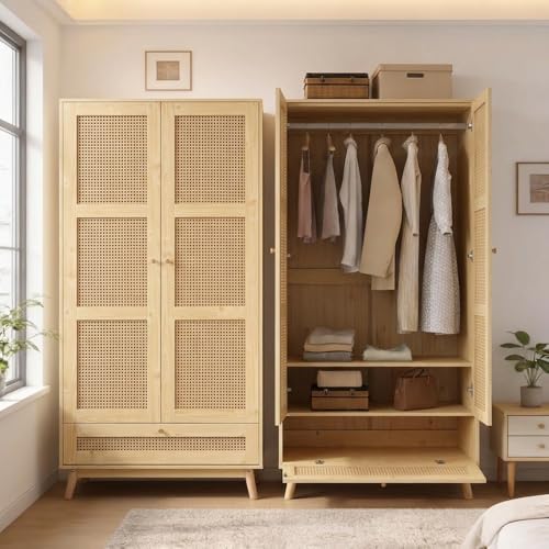 Yihomfy Armoire avec penderie, Armoire 2 Portes, Chambre, Filet en rotin, Salon, avec Couvercle...