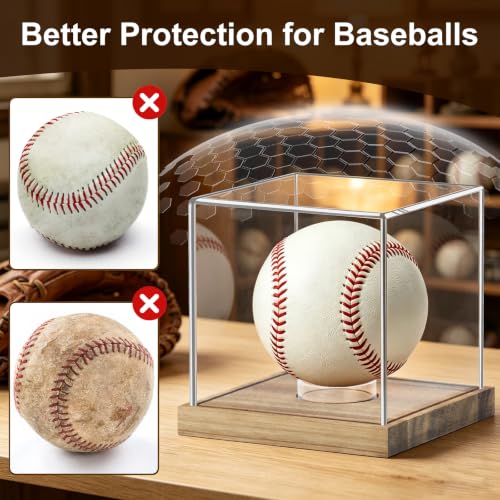 Image of Clear Acrylic Baseball Display Case with Wood Base, Single Ball Memorabilia Stand, Dust Protection Transparent Storage Box for Collections