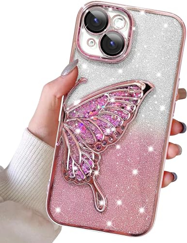 Image of SHINESTAR 3D Butterfly Case for iPhone 15 Cover, Cute Girly Glitter Bling Luxury Back Cover for Women Girls Protective Shockproof Slim Camera Protection for iPhone 15 - Pink
