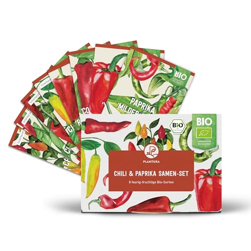 Plantura Bio-Chili & Paprika Samen-Set, samenfestes Bio-Saatgut, keimstark für Topf & Beet, 8 Sorten von mild bis extrem scharf, für bis zu 40 Pflanzen