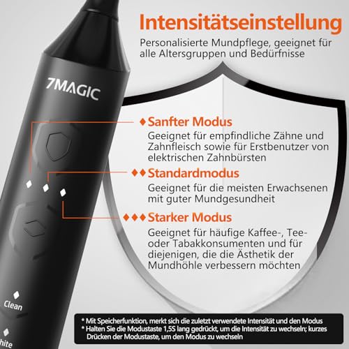 Elektrische Zahnbürste, Schallzahnbürste, Leise Zahnbürste Elektrisch Mit 3 Intensitäten 5 Modi, 40000VPM, IPX7, Zahnbürste Mit 90 Tagen Akkulaufzeit Und Timer, Ritter Schwarz – Bild 3