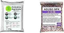 Kit Adubo Fertilizante NPK 041408 + Calcário Agrícola Dolomítico Prnt 80% Fracionado Hortaliças Flores Rosas do Deserto (1KG NPK 041408+ 2KG CALCARIO)