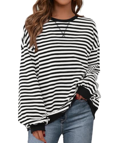 BTFBM Sweatshirt For Women 2026 Fall Crewneck Long Sleeve Oversized Striped Pullover Tops Y2K Clothes Workout Shirt(White Black, X-Small)