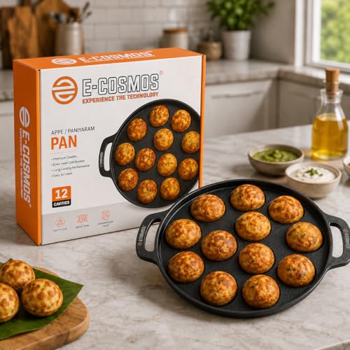 Image of E-COSMOS Pre Seasoned Cast Iron 12 Cavity Appam Patra, Paniyaram Pan Iron, Appam Pan, Pan Cake, Paddu, Appam Maker, Ponganal Maker, Appe and Litti Maker with 2 Side Handle, 25cm, (Black) (12 Cavity)