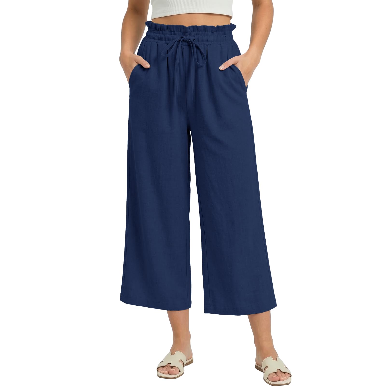 Husmeu Damen Hosen Sommerhose Damen Leicht Leinenhose 7/8 Weites Bein Hohe Taille Baumwolle Leinen Strandhose Freizeithose Geradem Lose Casual mit Taschen