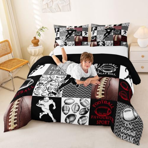 Image of Feelyou Football Comforter Set King Size Sports Geometric Black Patchwork Bedding Set for Kids Boys Girls Rugby Gaming Sports Duvet Quilt Bedroom Decor Microfiber 3 Pcs with 2 Pillow Cases