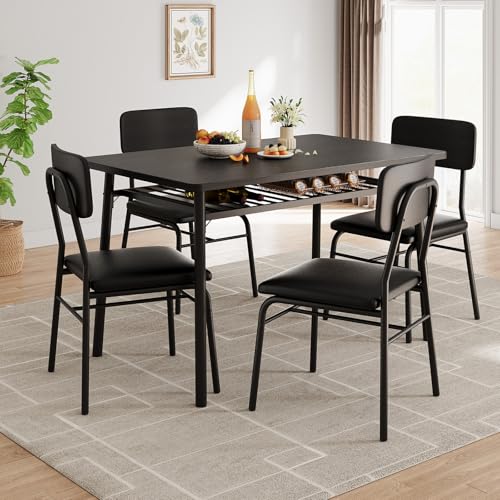 GarveeHome Dining Table Set for 4 with Storage Rack, 5-Piece Kitchen Table and Upholstered Chairs of 4, Wood Tabletop & Heavy-Duty Metel Frame, Dining Room Set for Small Space, Apartment, Black