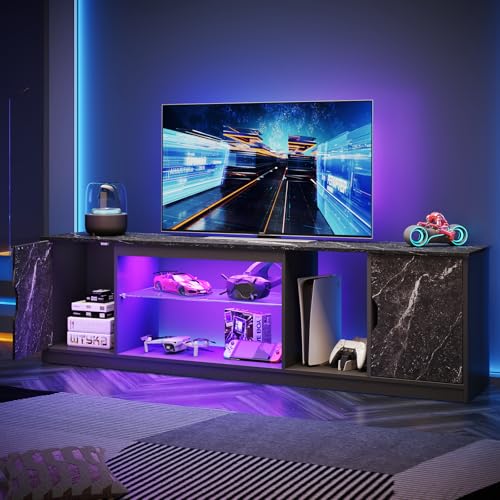 Best LED Entertainment Center for PS5 and Gaming: 65 Inch TV Stand with Cabinet - Modern Console with Glass Shelf for Living Room (Black Marble, 70 Inch)