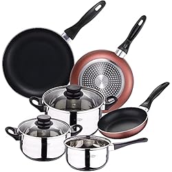 Set Sartenes Acero Inoxidable San Ignacio Set Batería de cocina de 5 piezas acero inoxidable + 3 sartenes Ø16/20/24 cm aluminio prensado, aptas para inducción, PK3360