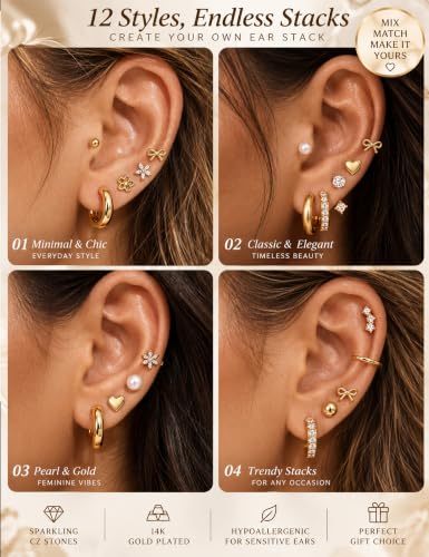 12 Pairs Small Stud Earrings Set, Hypoallergenic 14K Gold Plated Earrings - image 4