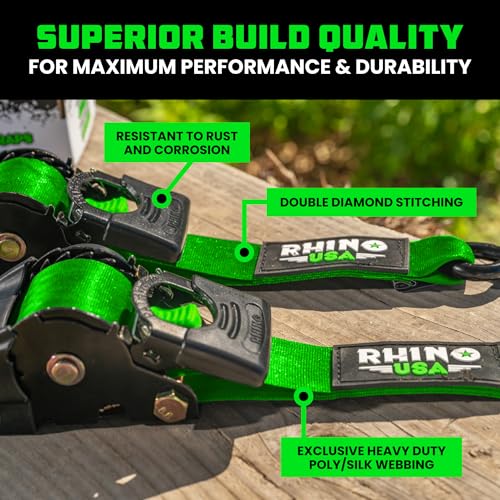 Image of Rhino USA Retractable Ratchet Straps (2-Pack) - 2 Inch x 10 Feet (3,033lb Break Strength) - Heavy Duty Auto Self Retracting Tie Down Straps for Truck, Cargo Trailer, Motorcycle, Rad & More - Green