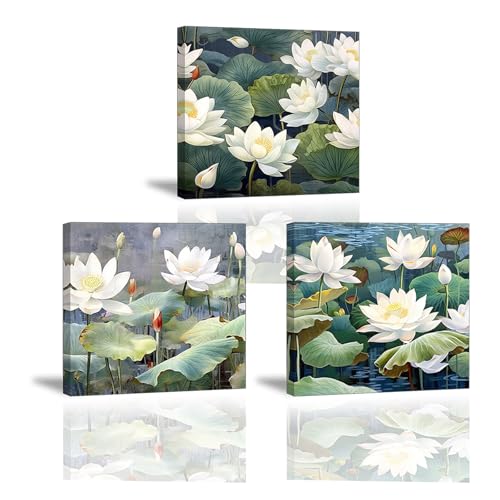 Piy Painting Lienzo de paisaje de la naturaleza, cuadros de lienzo de flores blancas, arte de pared de lienzo de verano, fácil de colgar para dormitorio, sala de estar, baño, juego de 3, 30 x 30 cm